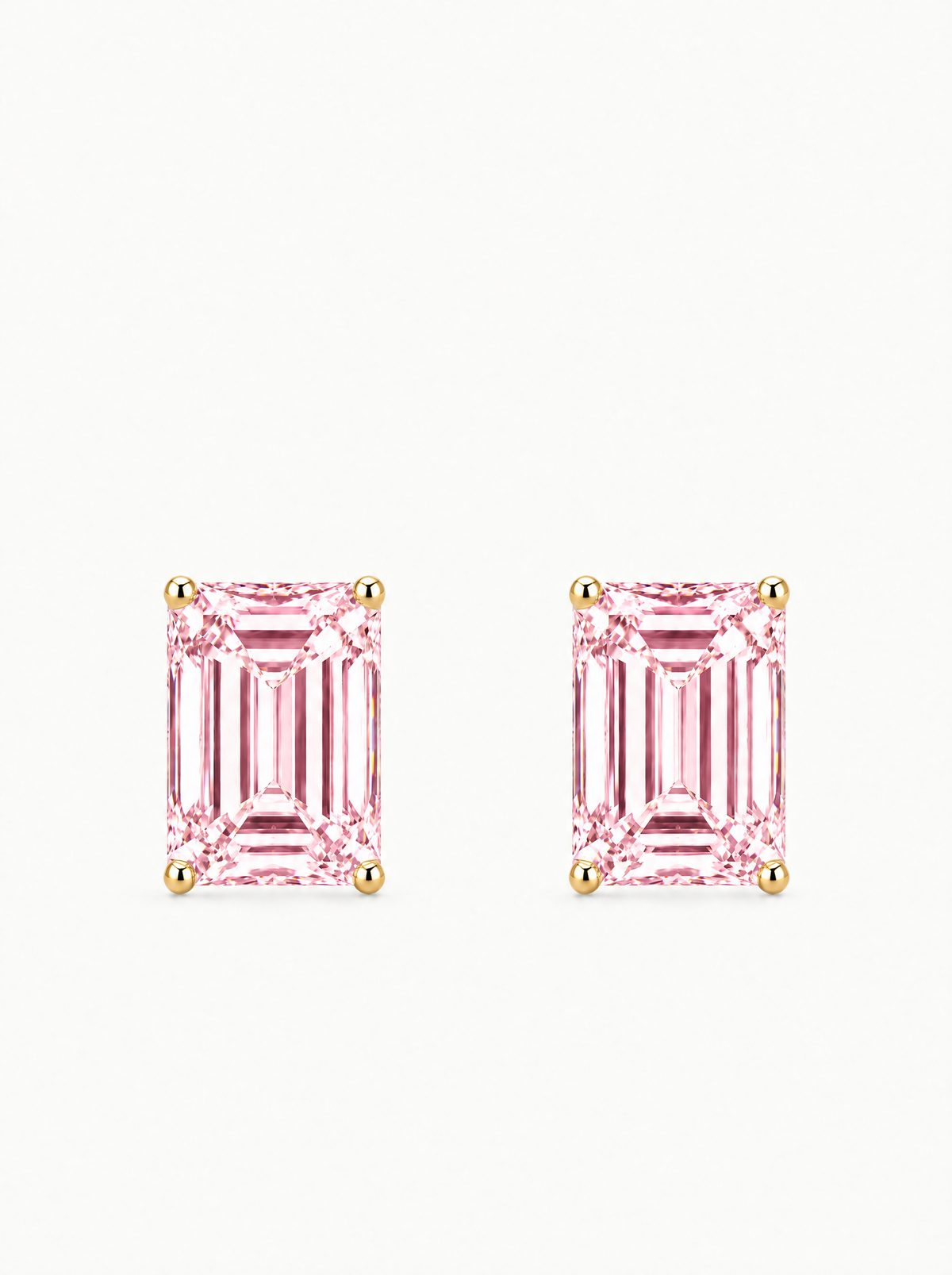 Fancy Pink Emerald Cut Lab-Grown Diamond Stud Earrings in 14K yellow gold, front view — Bow Tie Lab Diamonds