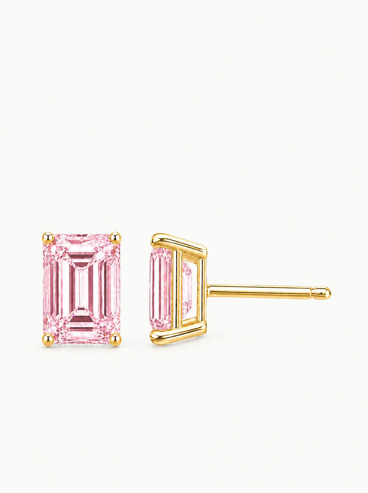 Fancy Pink Emerald Cut Lab-Grown Diamond Stud Earrings in 14K yellow gold, side view — Bow Tie Lab Diamonds