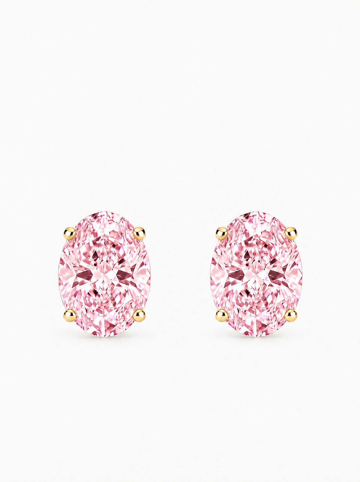 Fancy Pink Oval Cut Lab-Grown Diamond Stud Earrings in 14K yellow gold, front view — Bow Tie Lab Diamonds