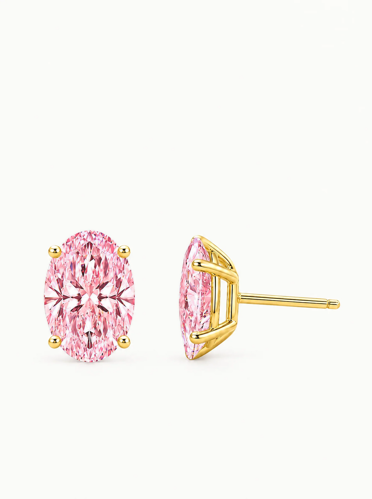 Fancy Pink Oval Cut Lab-Grown Diamond Stud Earrings in 14K yellow gold, side view — Bow Tie Lab Diamonds