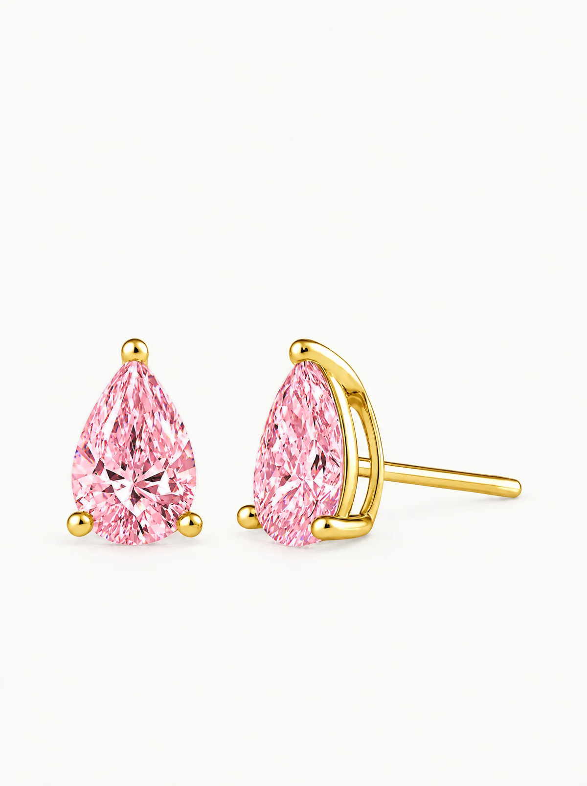 Fancy Pink Pear Cut Lab-Grown Diamond Stud Earrings in 14K yellow gold, side view — Bow Tie Lab Diamonds