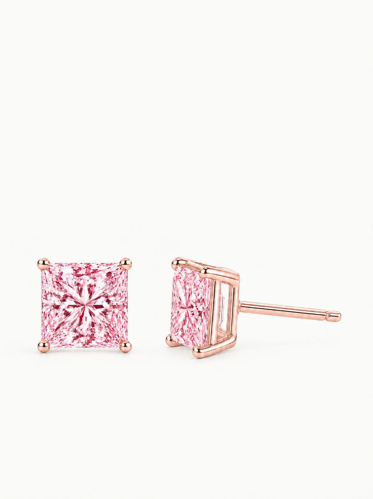 Fancy Pink Princess Cut Lab-Grown Diamond Stud Earrings in 14K rose gold — Bow Tie Lab Diamonds