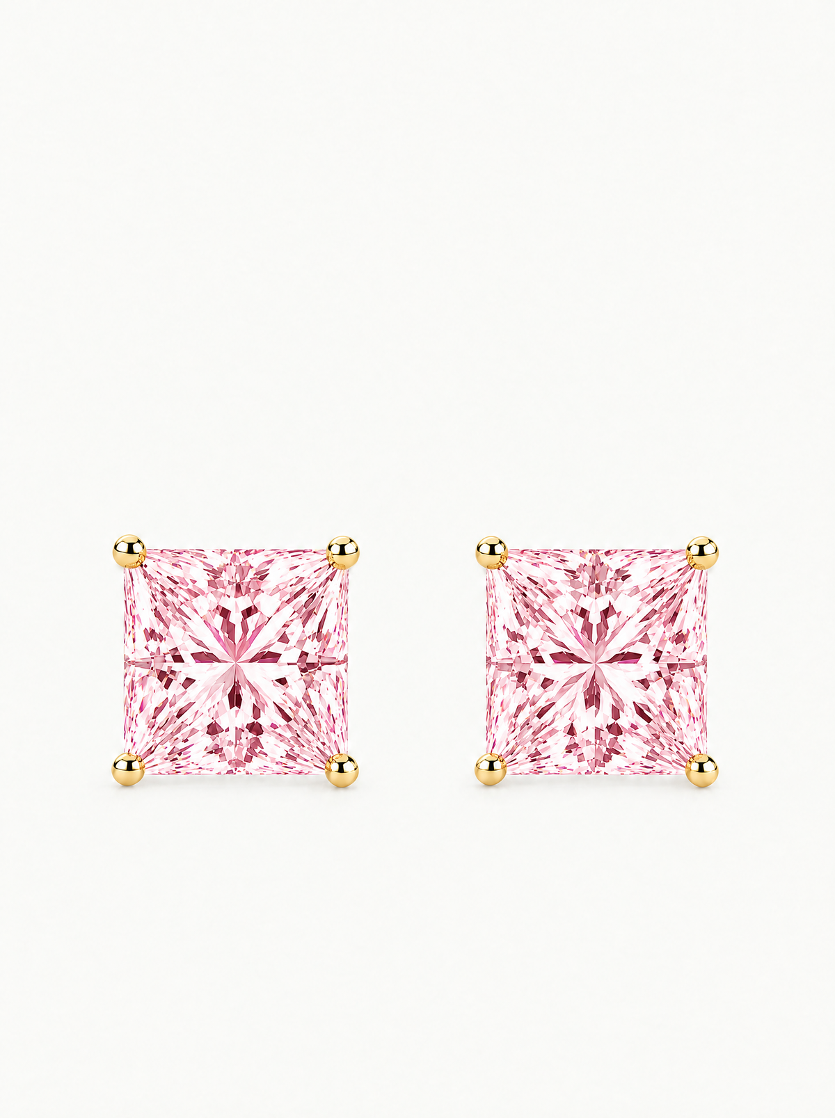 Fancy Pink Princess Cut Lab-Grown Diamond Stud Earrings in 14K yellow gold, front view — Bow Tie Lab Diamonds