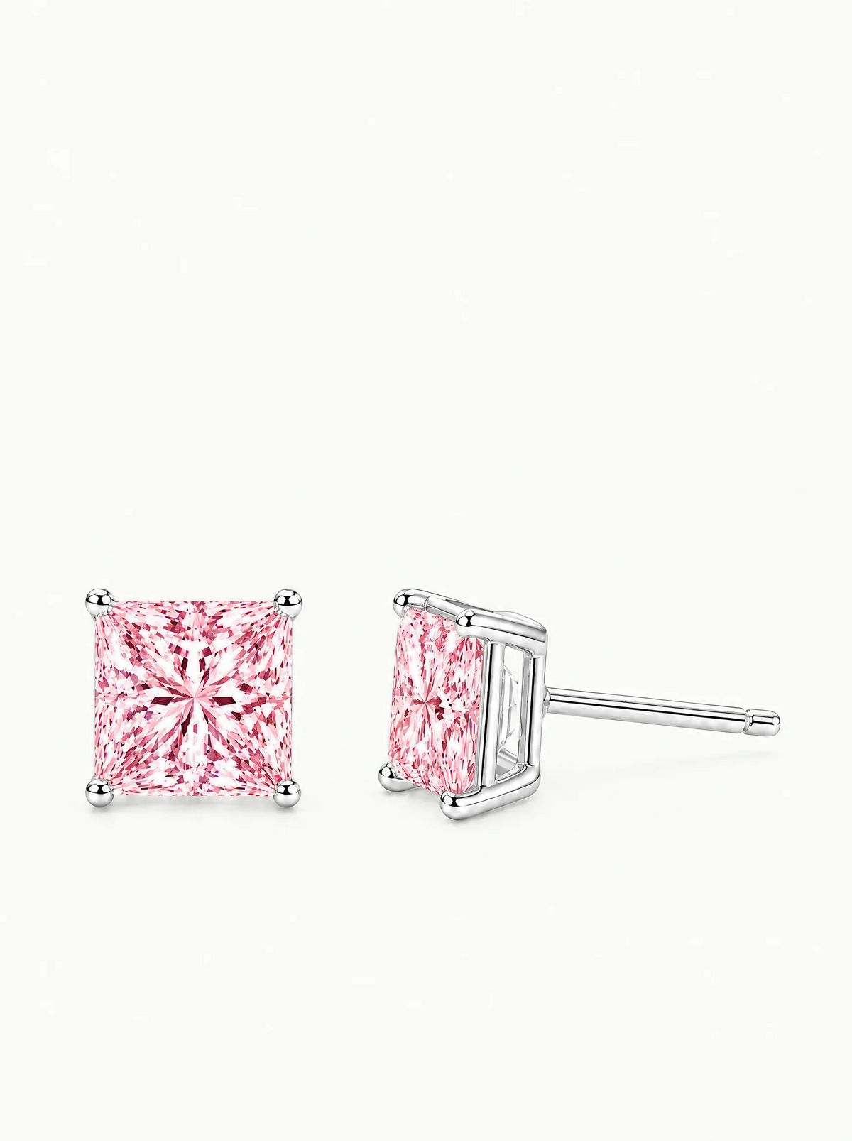 Fancy Pink Princess Cut Lab-Grown Diamond Stud Earrings in 14K white gold — Bow Tie Lab Diamonds