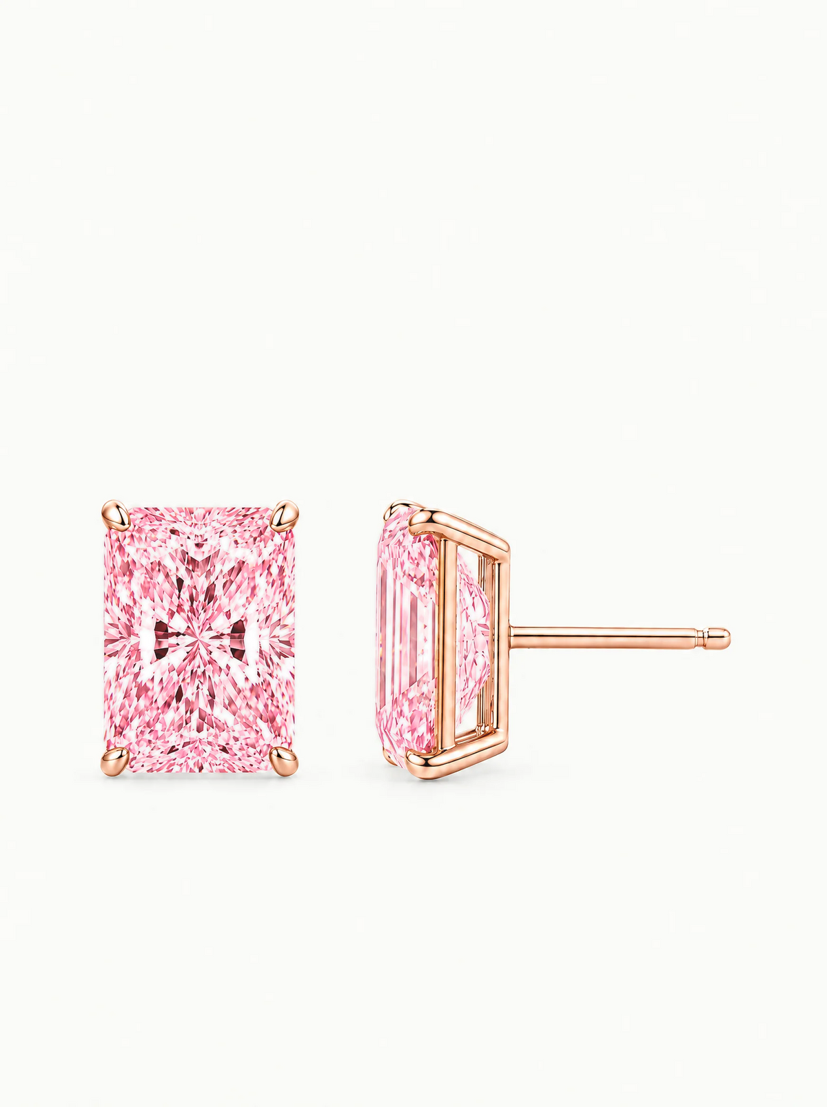 Fancy Pink Radiant Cut Lab-Grown Diamond Stud Earrings in 14K rose gold — Bow Tie Lab Diamonds