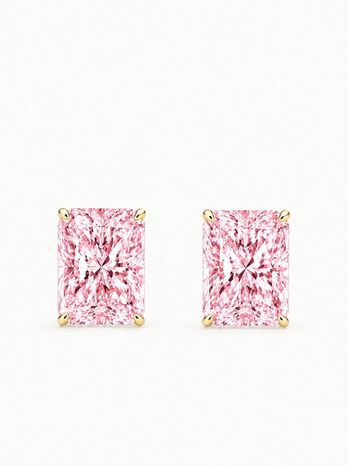 Fancy Pink Radiant Cut Lab-Grown Diamond Stud Earrings in 14K yellow gold, front view — Bow Tie Lab Diamonds