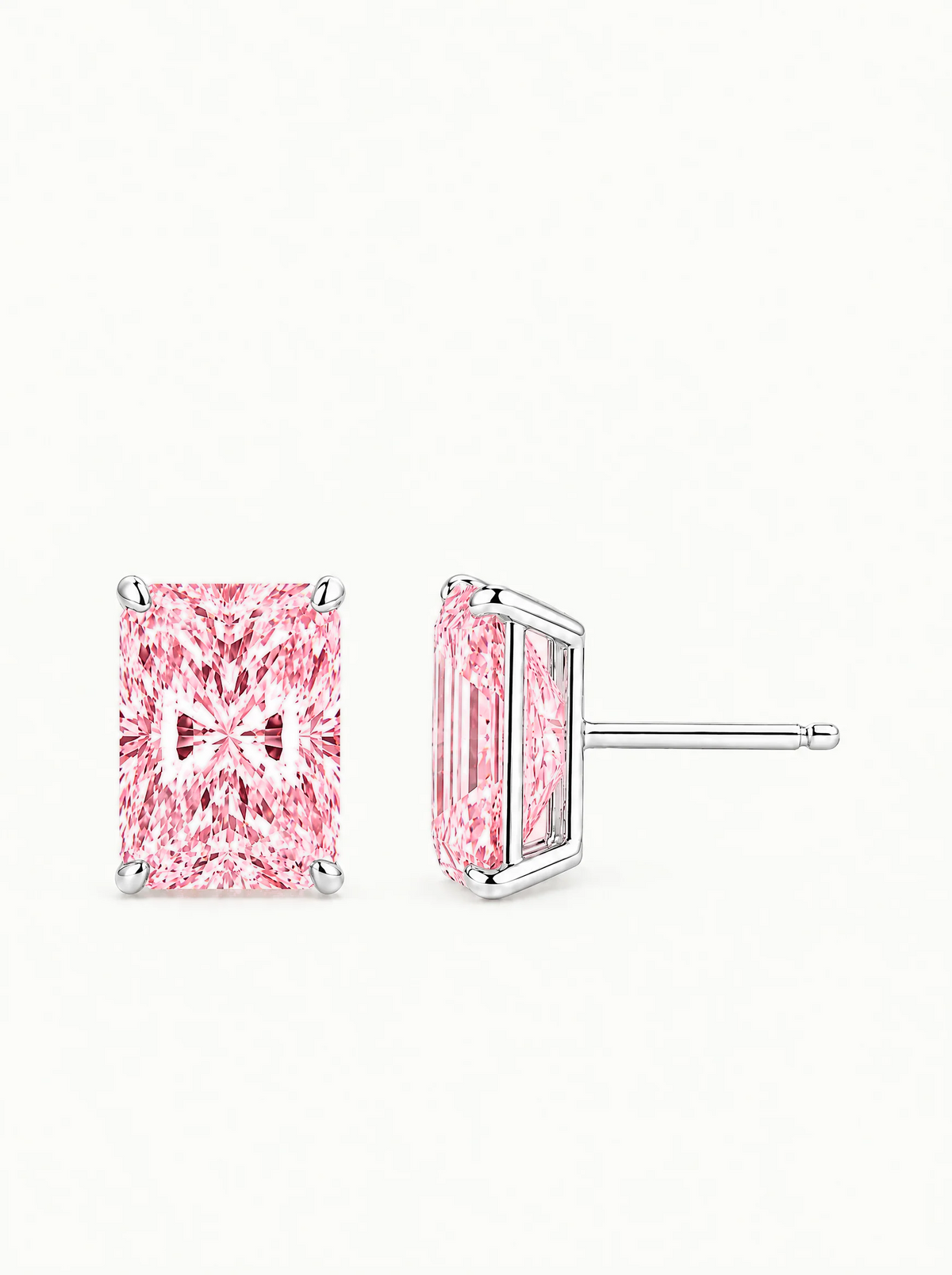 Fancy Pink Radiant Cut Lab-Grown Diamond Stud Earrings in 14K white gold — Bow Tie Lab Diamonds