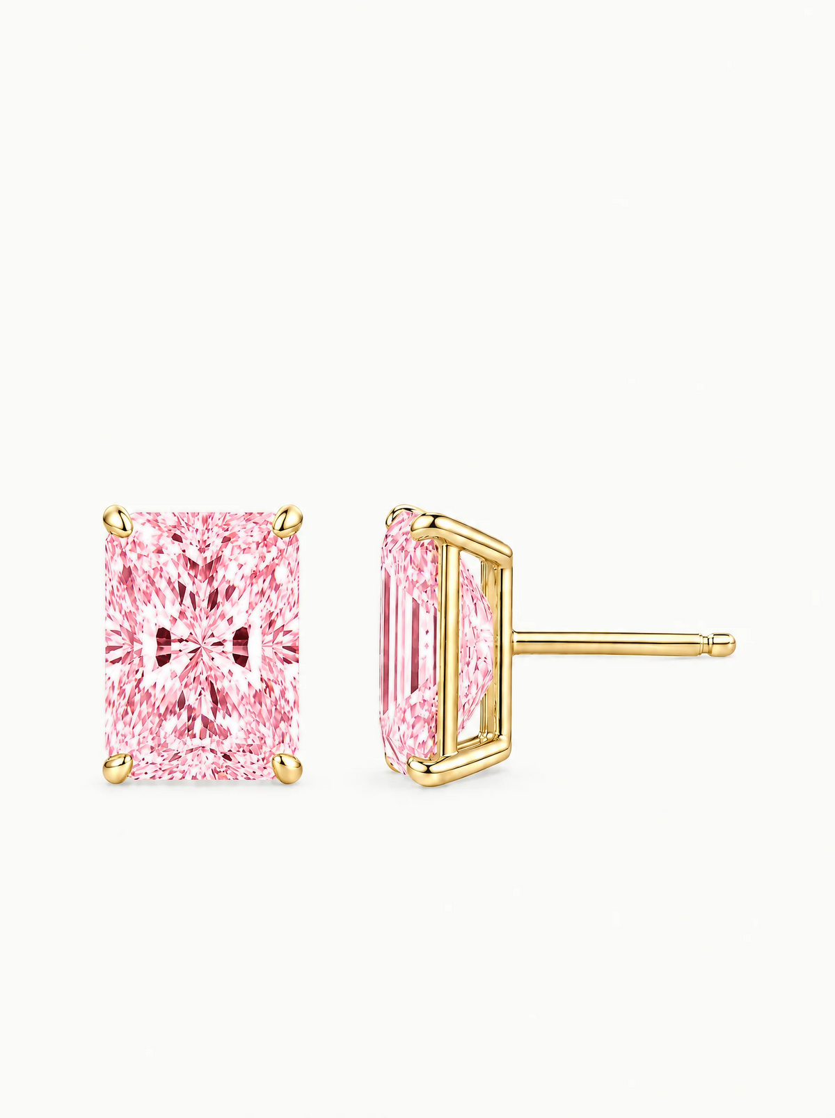Fancy Pink Radiant Cut Lab-Grown Diamond Stud Earrings in 14K yellow gold, side view — Bow Tie Lab Diamonds