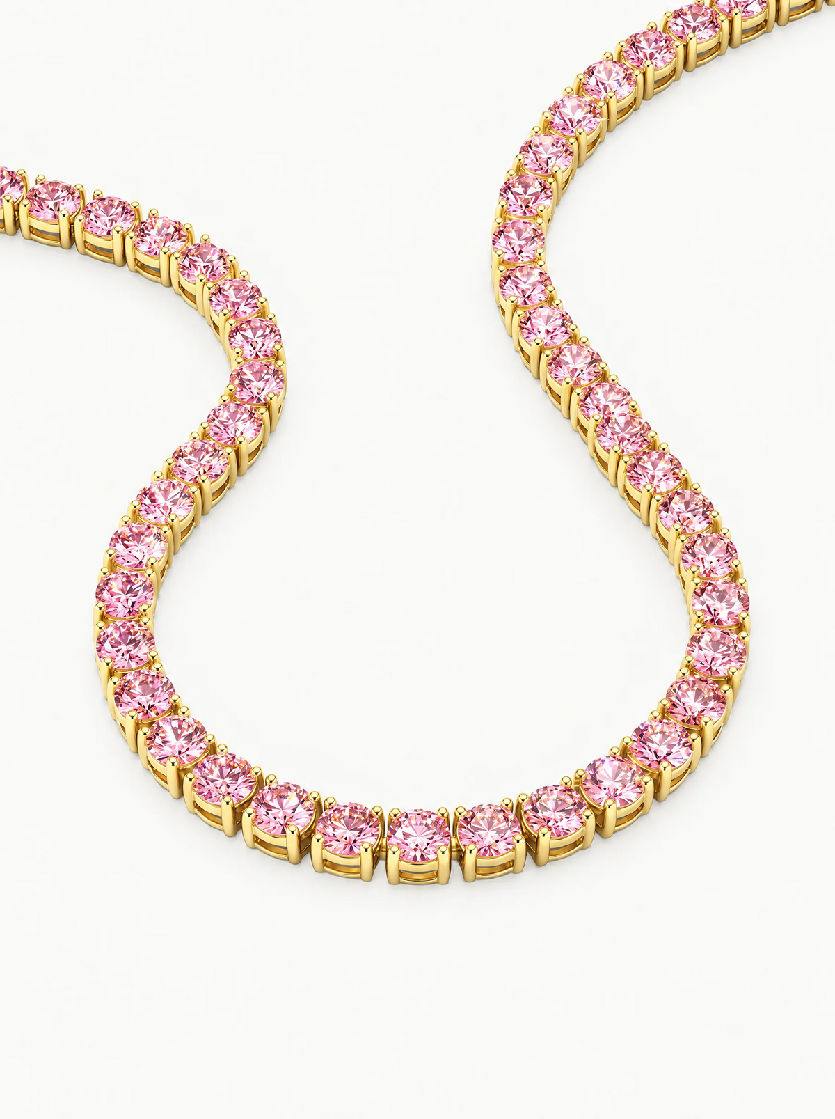 Fancy Pink Round 4-Prong Lab-Grown Diamond Tennis Necklace, close-up of the diamonds — Bow Tie Lab Diamonds
