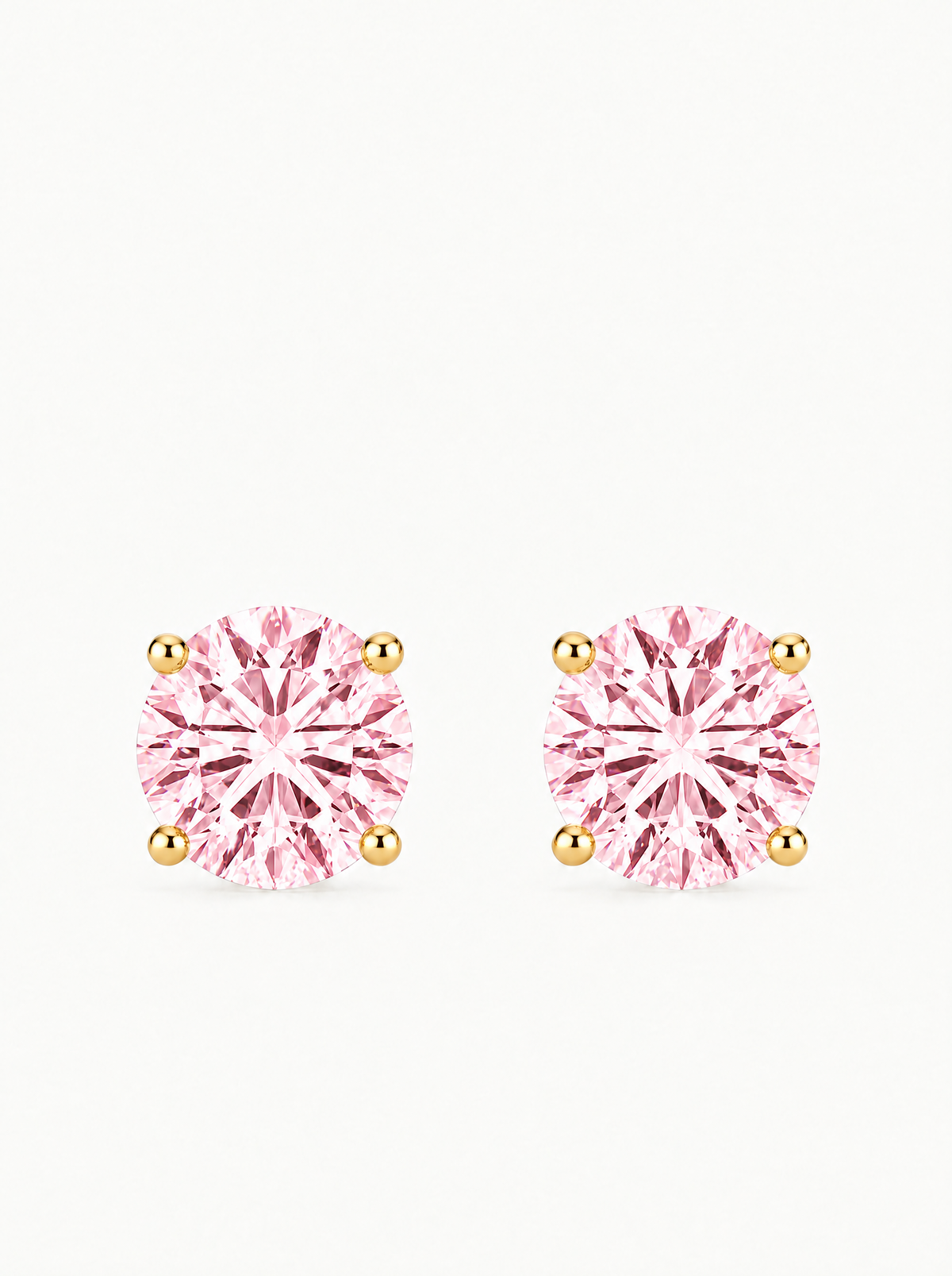 Fancy Pink Round Cut Lab-Grown Diamond Stud Earrings in 14K yellow gold, front view — Bow Tie Lab Diamonds