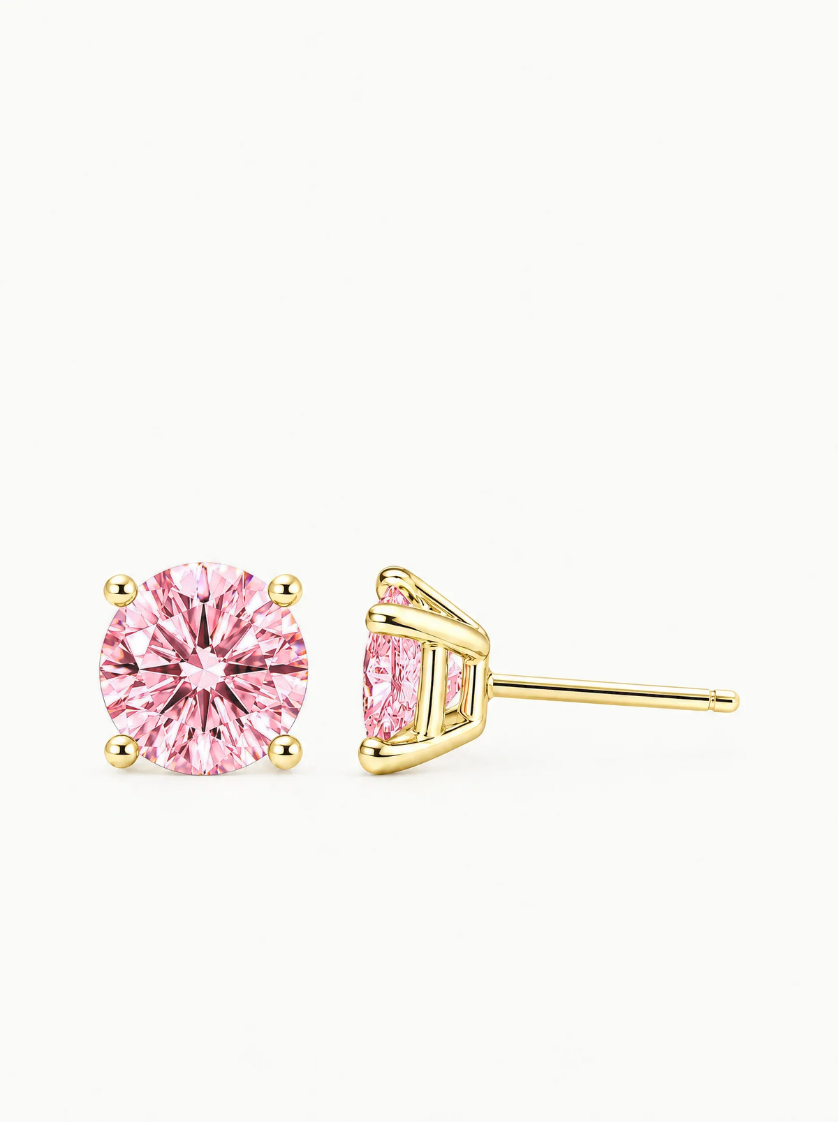 Fancy Pink Round Cut Lab-Grown Diamond Stud Earrings in 14K yellow gold, side view — Bow Tie Lab Diamonds