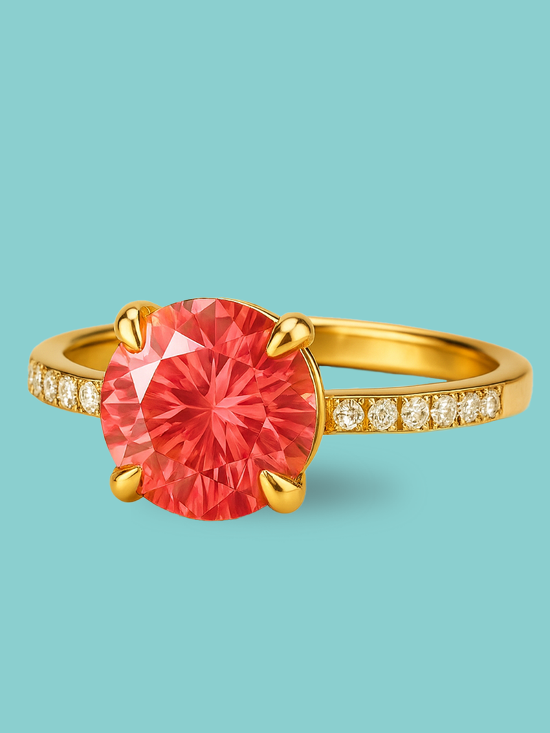 Pink Lab Diamond Round Solitaire Pavé Ring