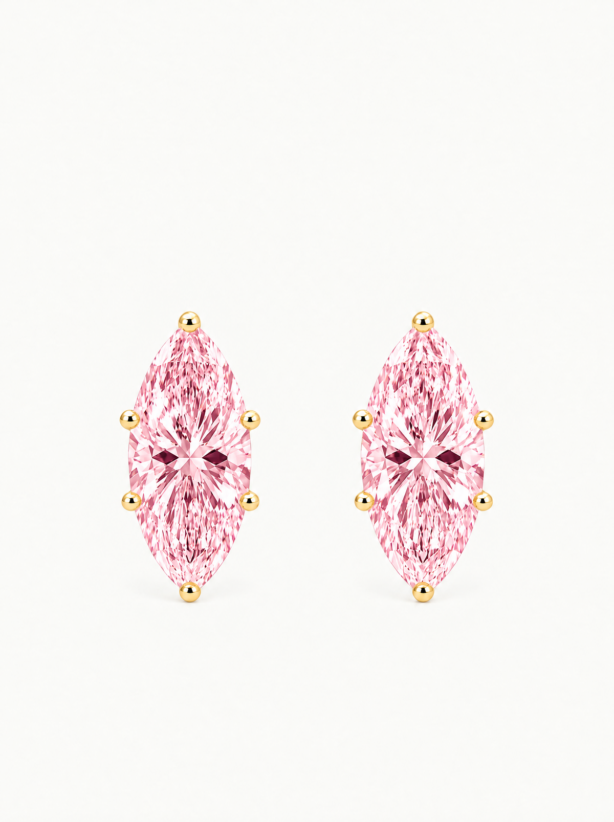 Fancy Pink Marquise Cut Lab-Grown Diamond Stud Earrings in 14K yellow gold, front view — Bow Tie Lab Diamonds