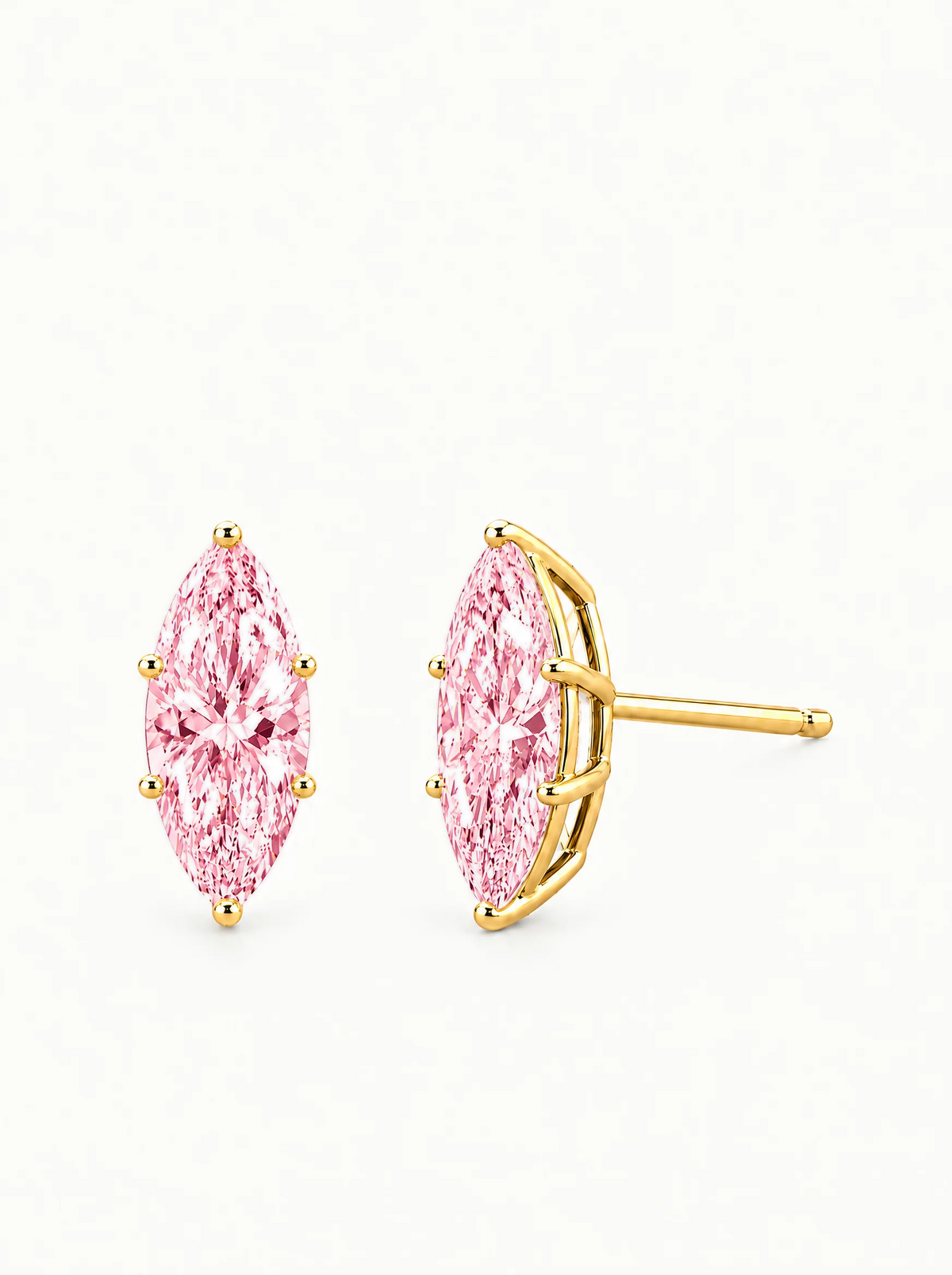 Fancy Pink Marquise Cut Lab-Grown Diamond Stud Earrings in 14K yellow gold, side view — Bow Tie Lab Diamonds