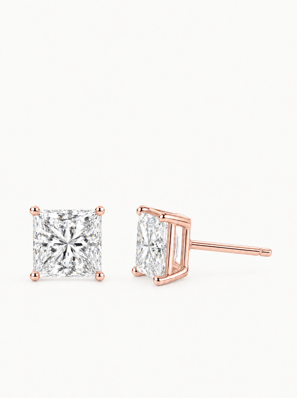 Princess Cut Lab-Grown Diamond Stud Earrings in 14K rose gold, front view — Bow Tie Lab Diamonds