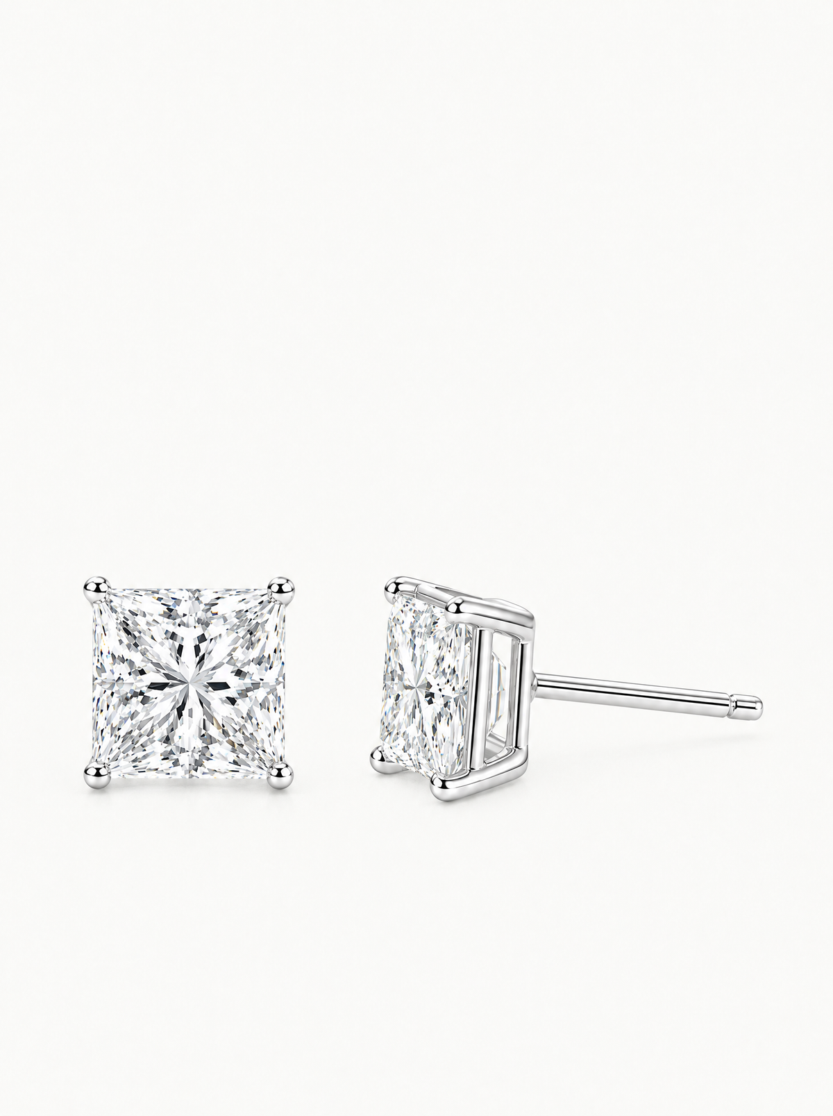 Princess Cut Lab-Grown Diamond Stud Earrings in 14K white gold, front view — Bow Tie Lab Diamonds