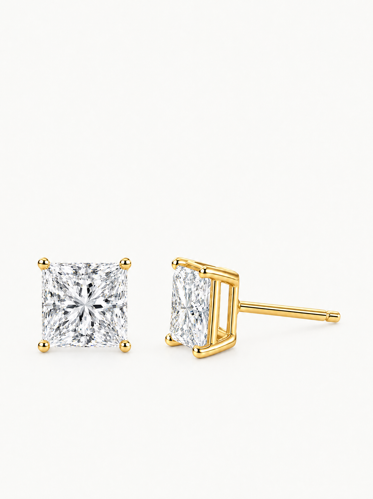 Princess Cut Lab-Grown Diamond Stud Earrings in 14K yellow gold, front view — Bow Tie Lab Diamonds