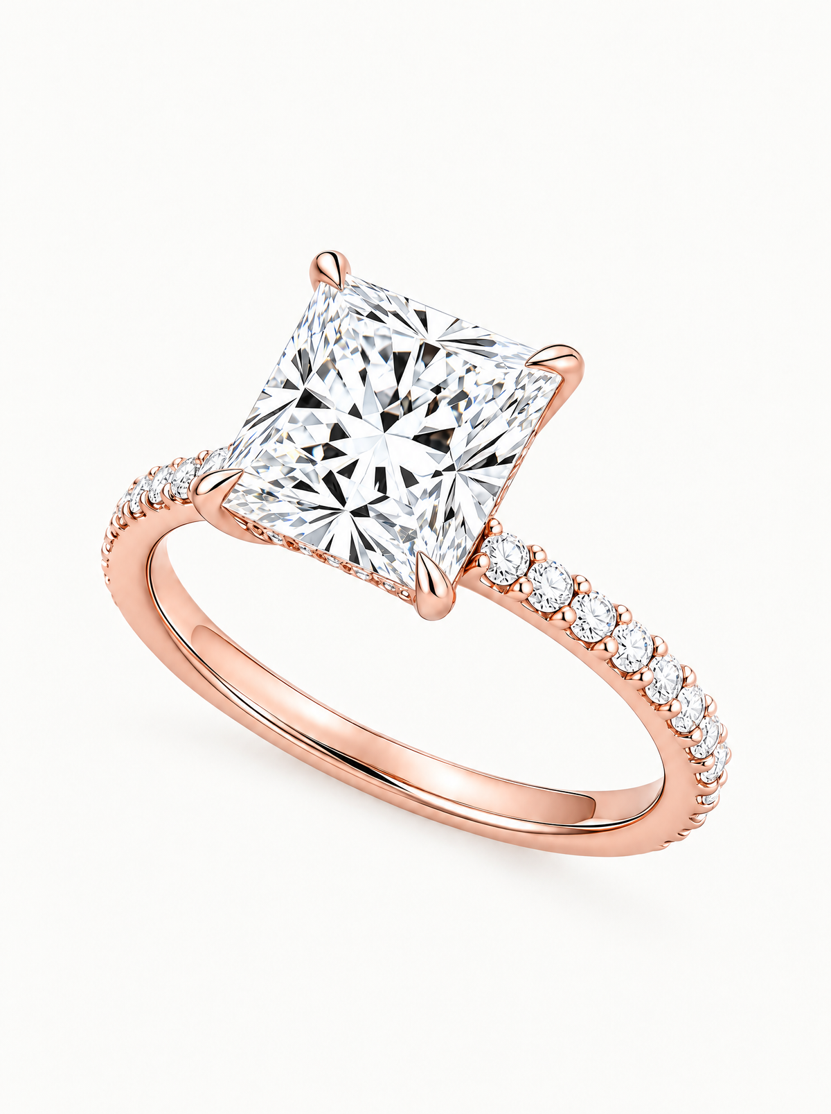 Princess Cut Solitaire Hidden Halo Lab-Grown Diamond Engagement Ring in 14K rose gold, front view — Bow Tie Lab Diamonds