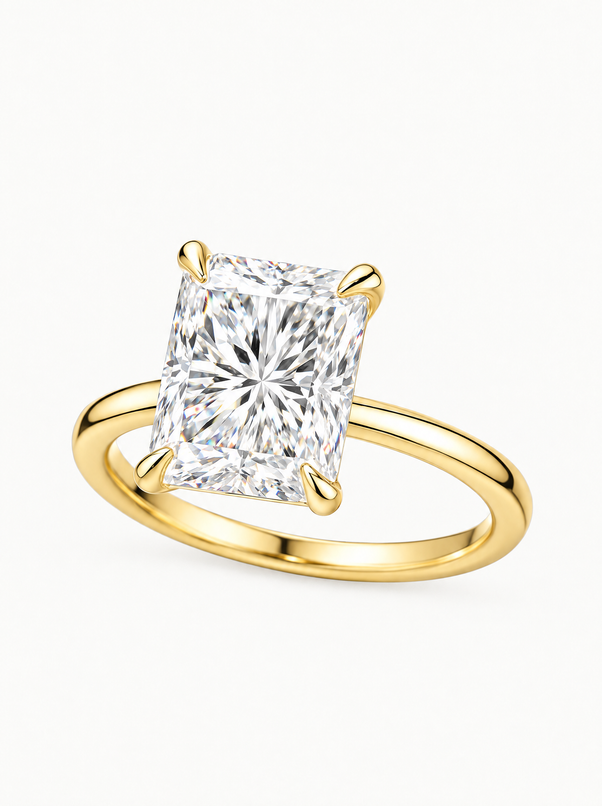 Radiant Cut Solitaire Lab-Grown Diamond Engagement Ring in 14K yellow gold, angled side view — Bow Tie Lab Diamonds