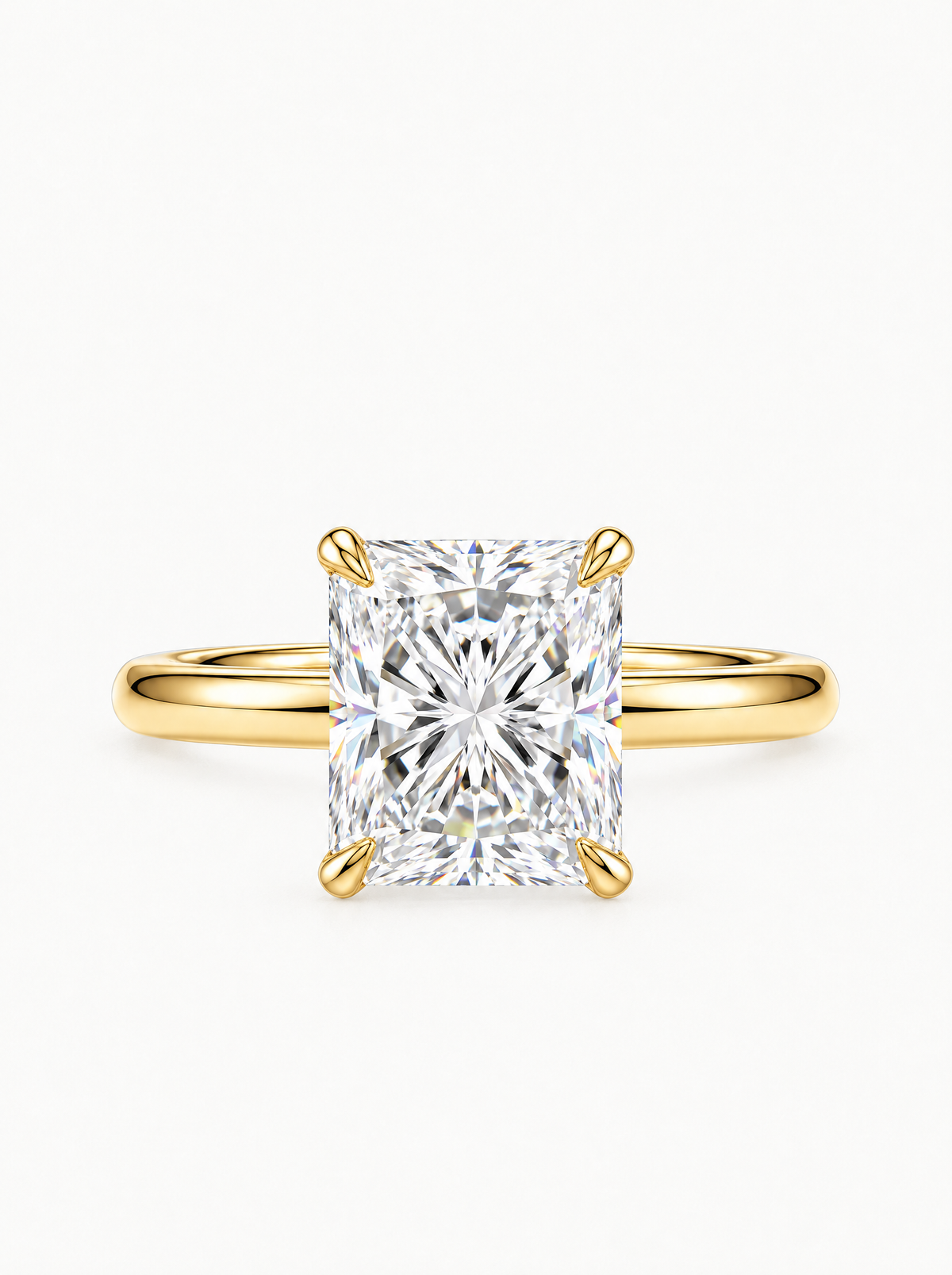 Radiant Cut Solitaire Lab-Grown Diamond Engagement Ring in 14K yellow gold, front view — Bow Tie Lab Diamonds