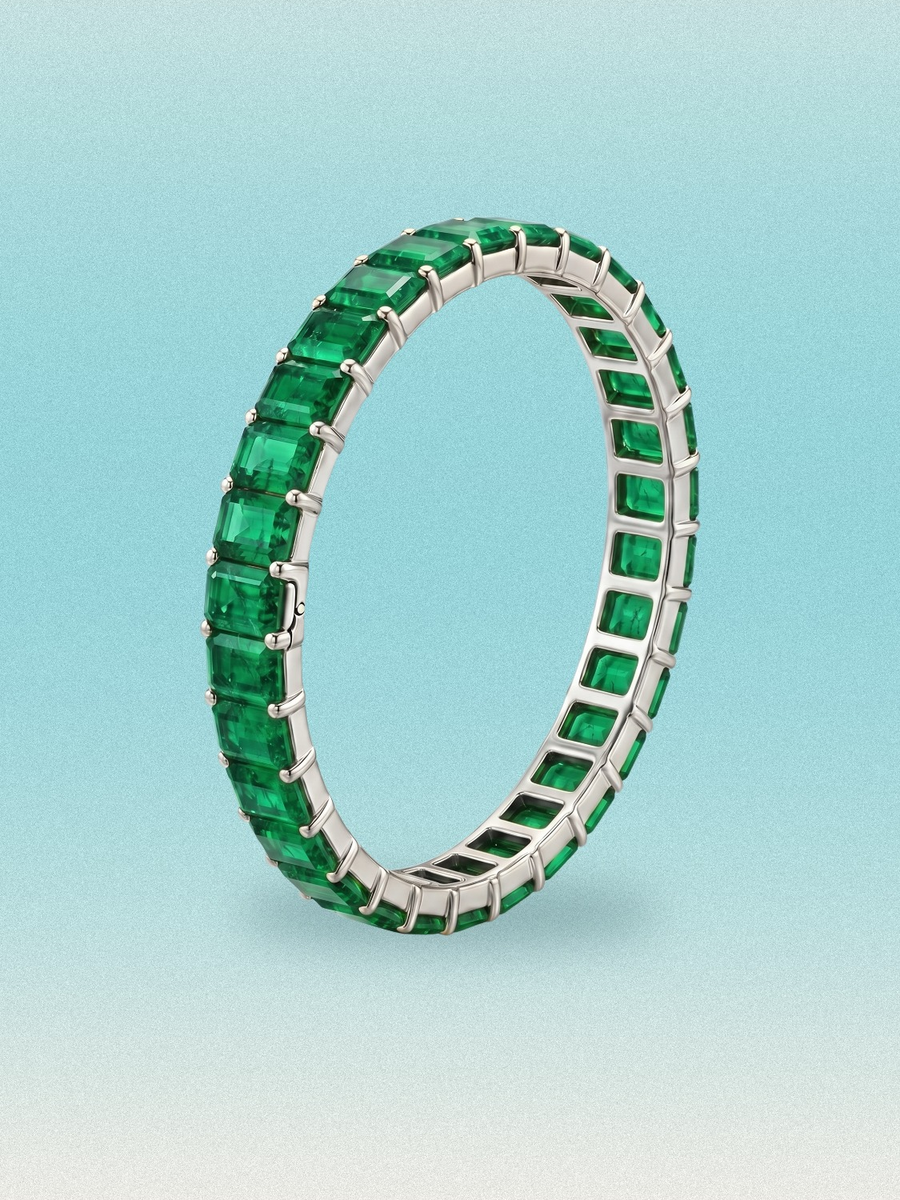 Rainbow Collection Green Emerald Cut Lab Grown Emerald Hinged Bangle Bracelet