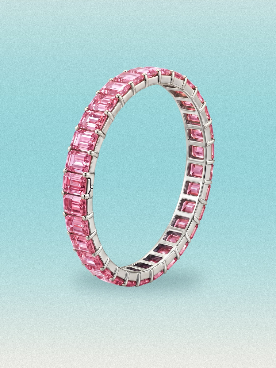 Rainbow Collection Fancy Pink Emerald Cut Lab Grown Diamond Hinged Bangle Bracelet