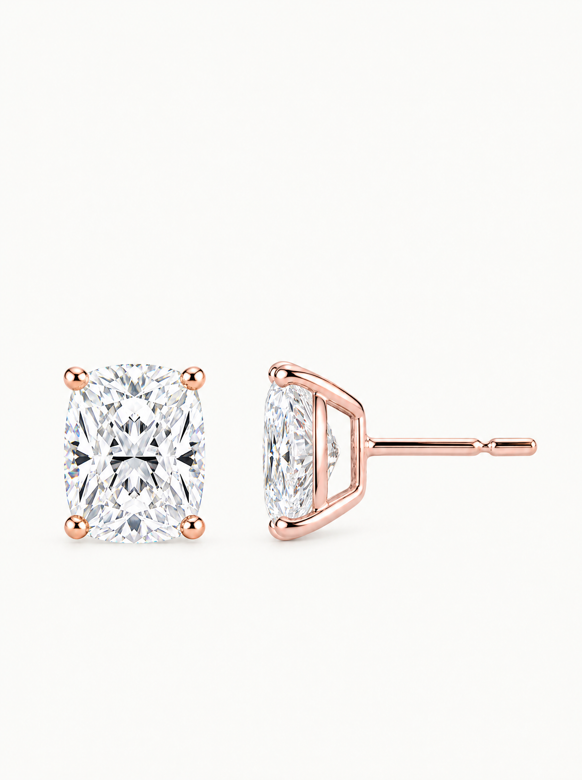 Cushion Cut Lab-Grown Diamond Stud Earrings in 14K rose gold, front view — Bow Tie Lab Diamonds