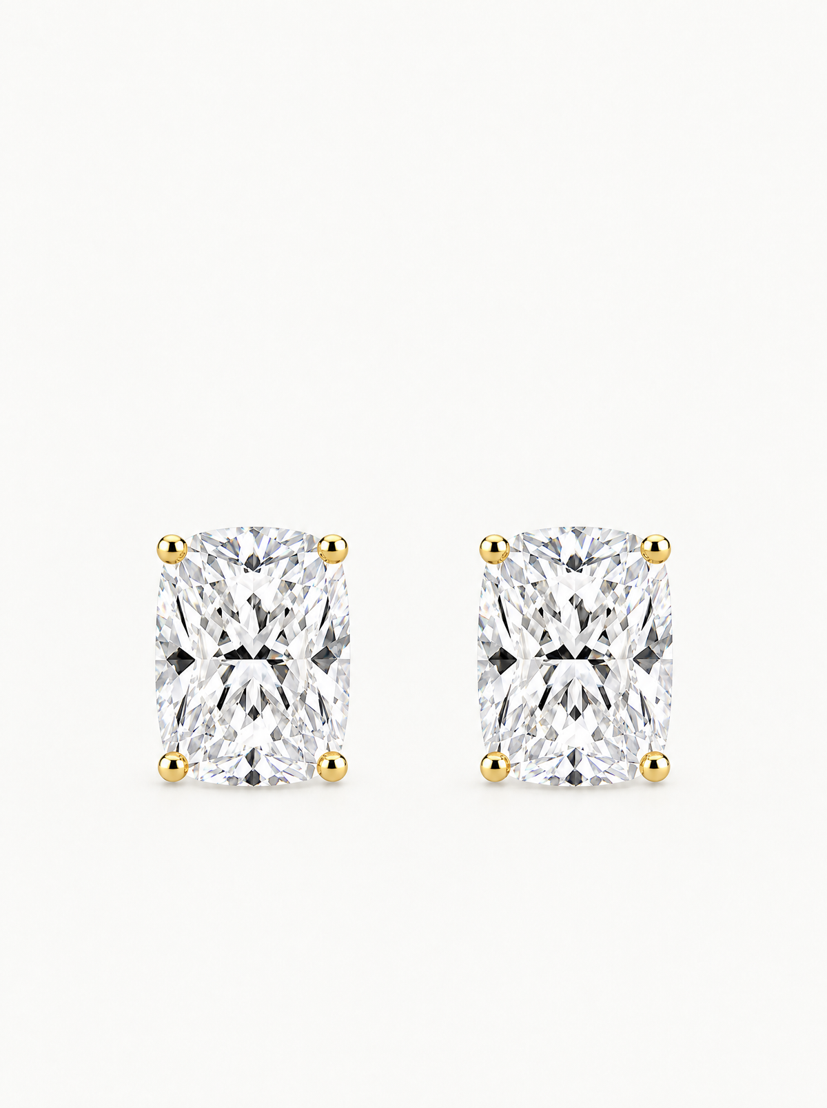 Cushion Cut Lab-Grown Diamond Stud Earrings in 14K yellow gold, front view — Bow Tie Lab Diamonds