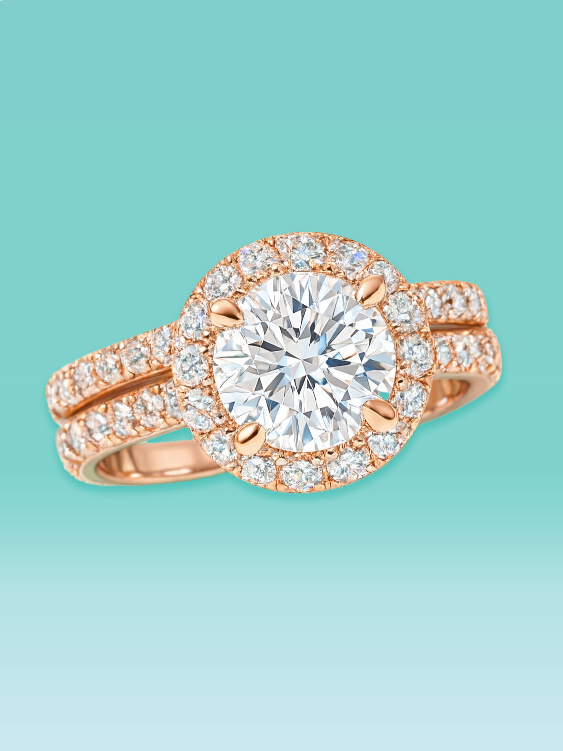 Round Cut Lab Diamond Halo Pavé Band Engagement Ring Set