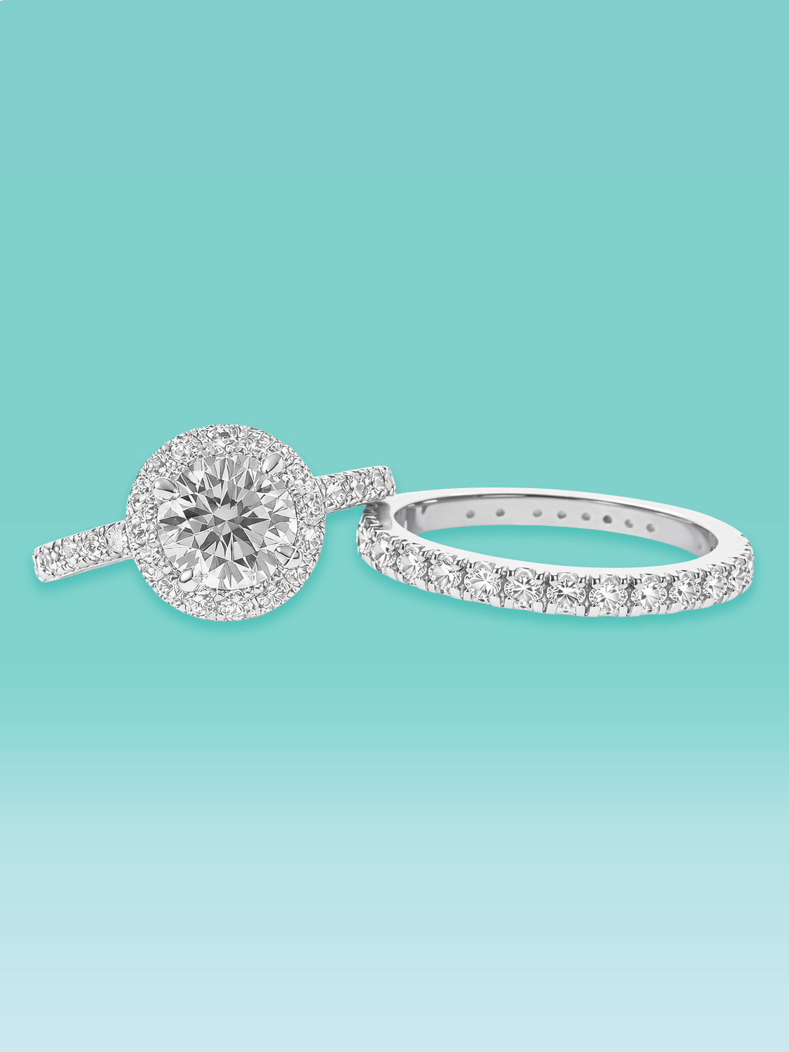 Round Cut Lab Diamond Halo Pavé Band Engagement Ring Set