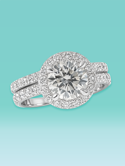 Round Cut Lab Diamond Halo Pavé Band Engagement Ring Set