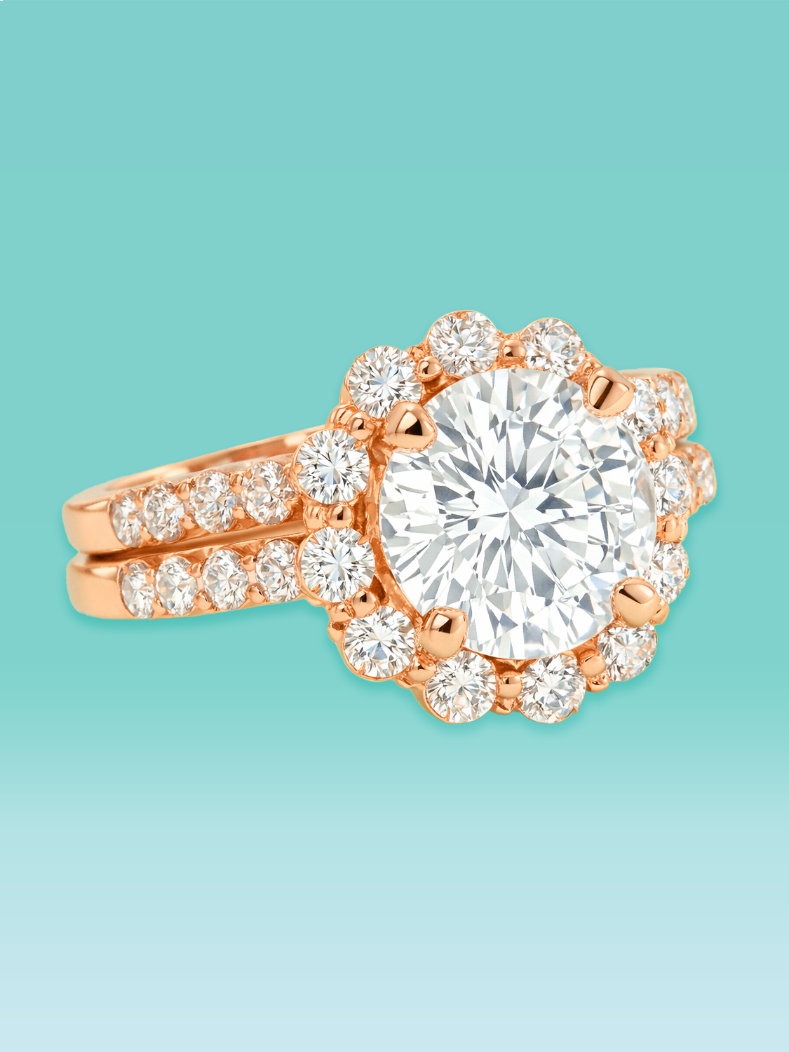 Round Cut Lab Diamond Halo Split Shank Engagement Ring Set