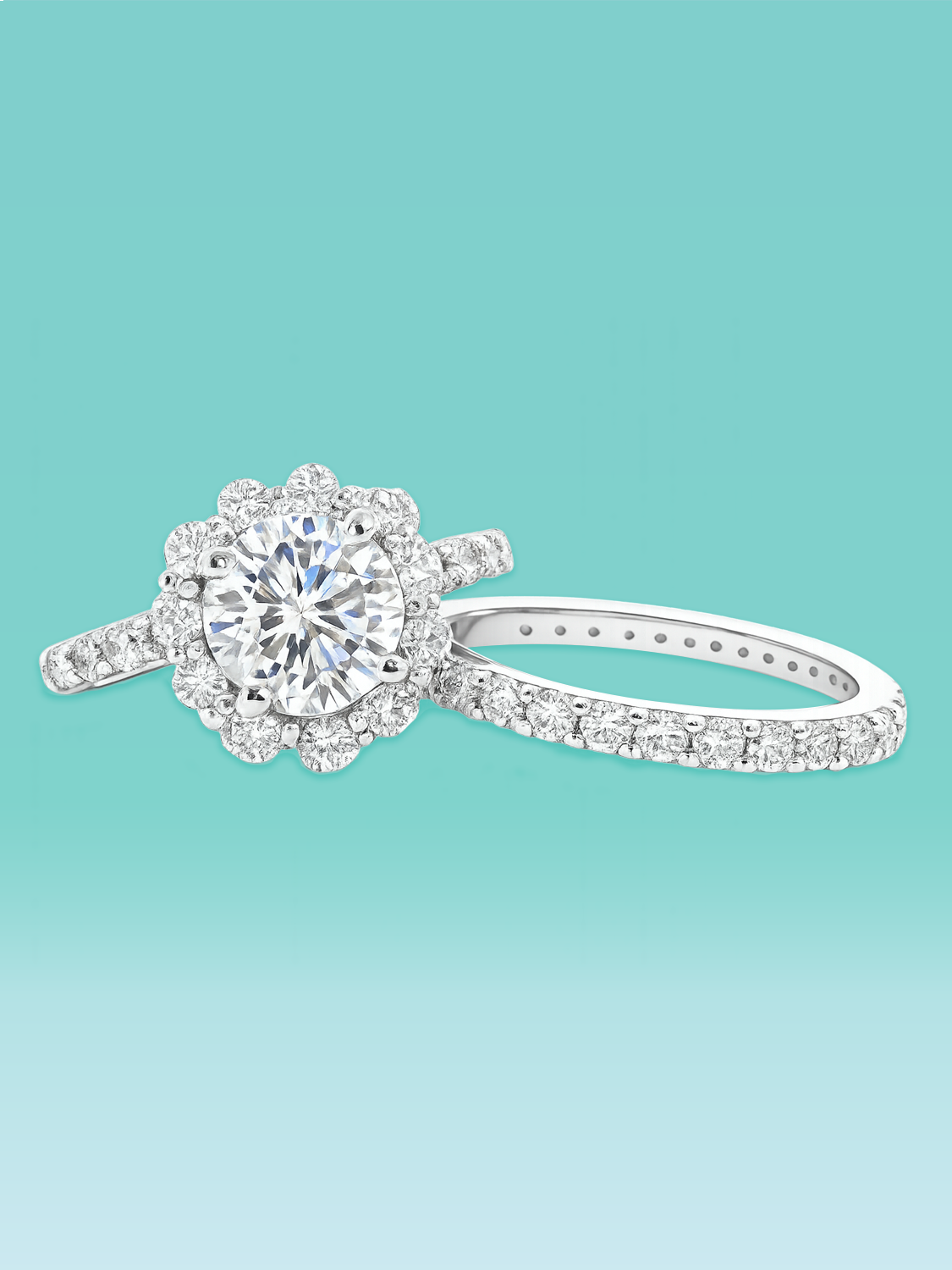 Round Cut Lab Diamond Halo Split Shank Engagement Ring Set