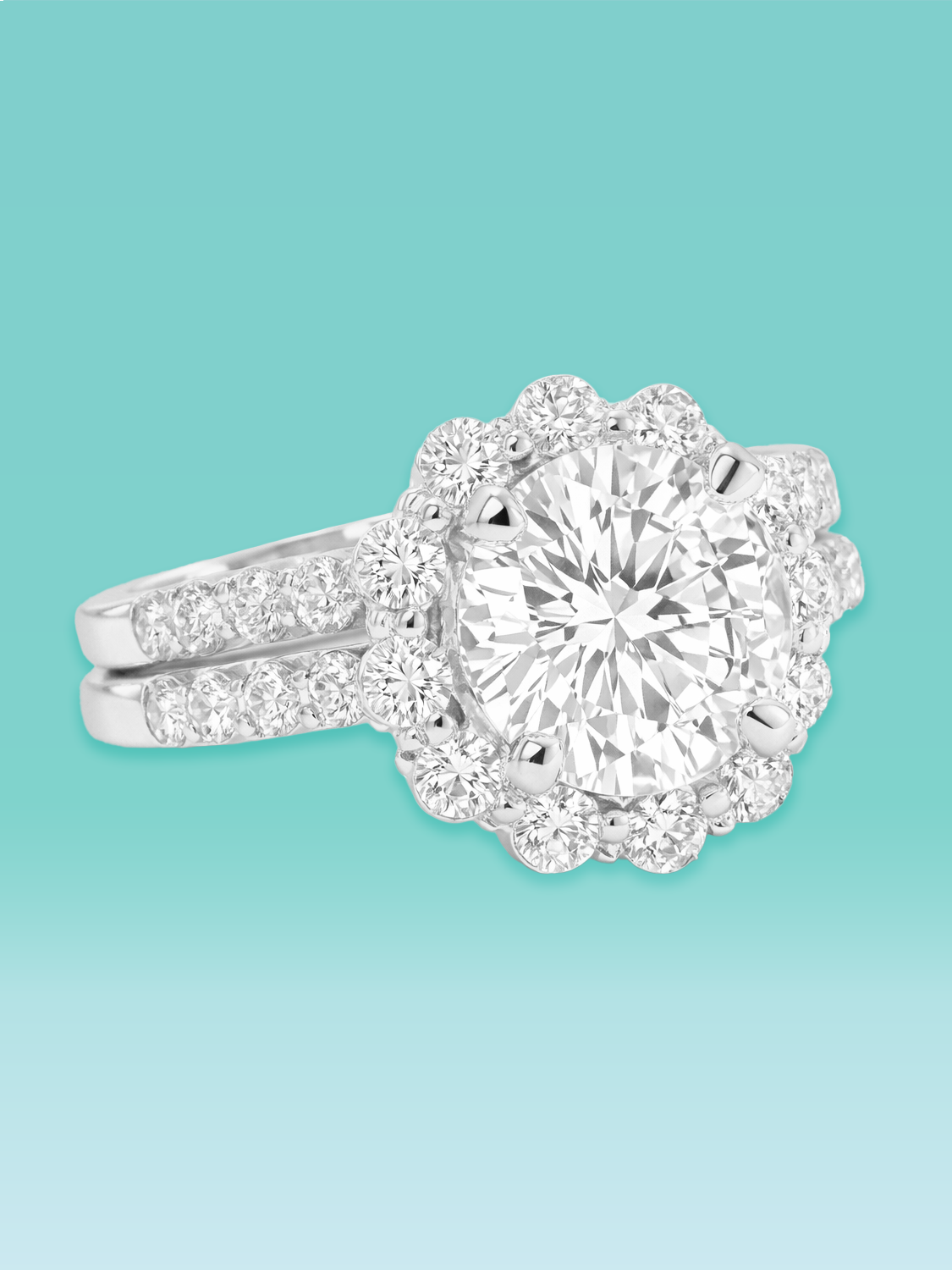 Round Cut Lab Diamond Halo Split Shank Engagement Ring Set