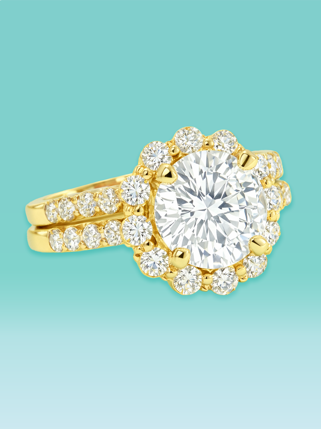 Round Cut Lab Diamond Halo Split Shank Engagement Ring Set