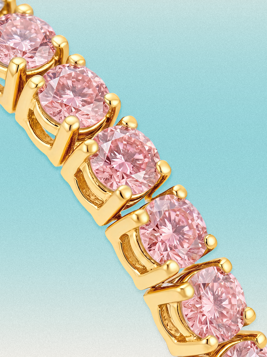 Bow Tie Lab Diamonds Fancy Pink Round 4-Prong lab-grown diamond tennis bracelet in 14K yellow gold — round pink lab-grown diamonds, alternate view.