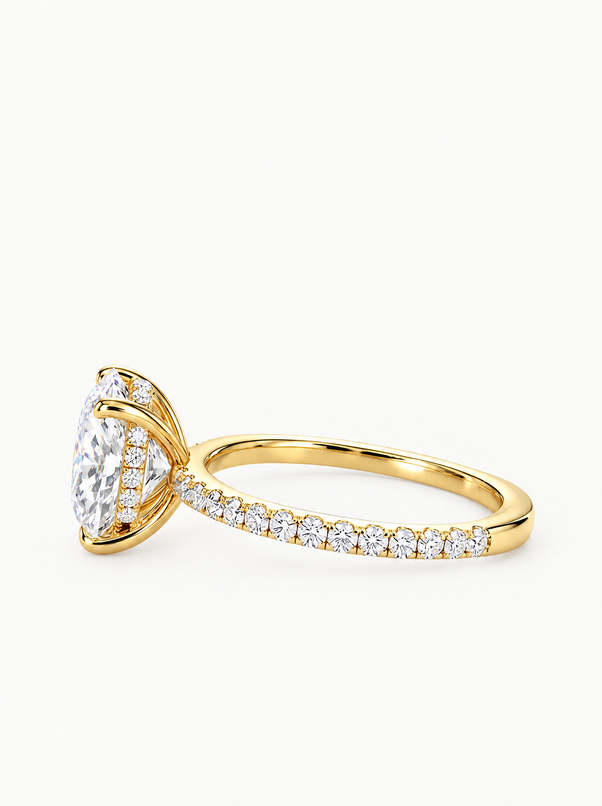 Round Cut Solitaire Hidden Halo Lab-Grown Diamond Engagement Ring in 14K yellow gold, angled side view — Bow Tie Lab Diamonds