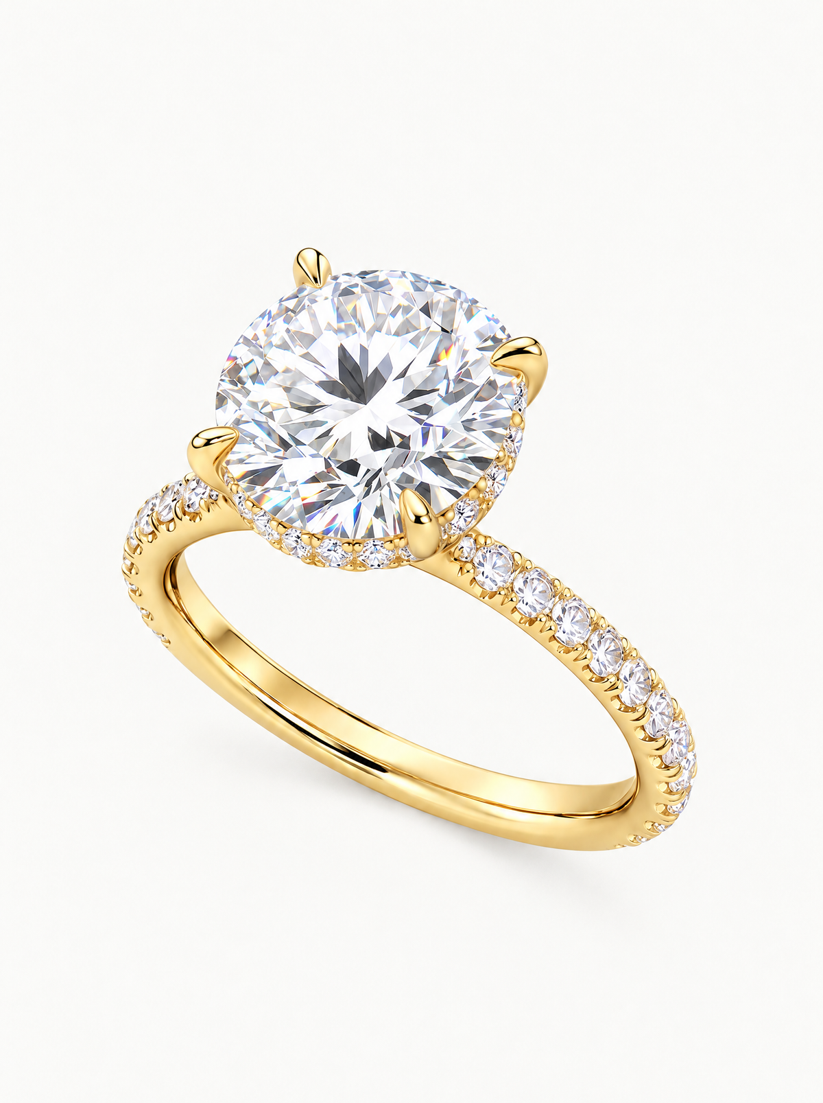 Round Cut Solitaire Hidden Halo Lab-Grown Diamond Engagement Ring in 14K yellow gold, angled side view — Bow Tie Lab Diamonds