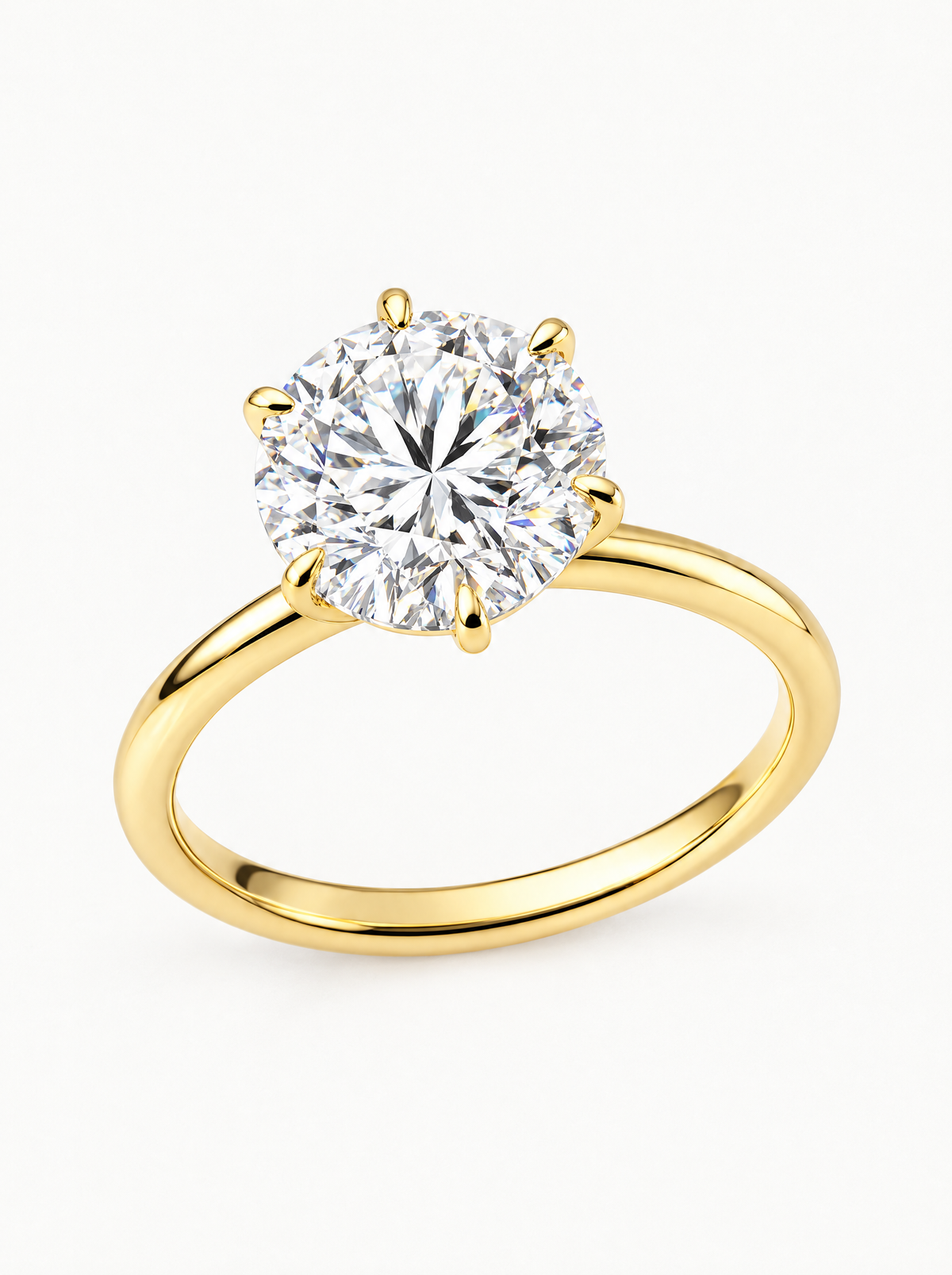 Round Cut 6-Prong Solitaire Lab-Grown Diamond Engagement Ring in 14K yellow gold, angled side view — Bow Tie Lab Diamonds