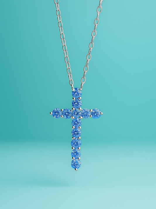 Blue Round Cut Lab Diamond Cross Pendant Necklace
