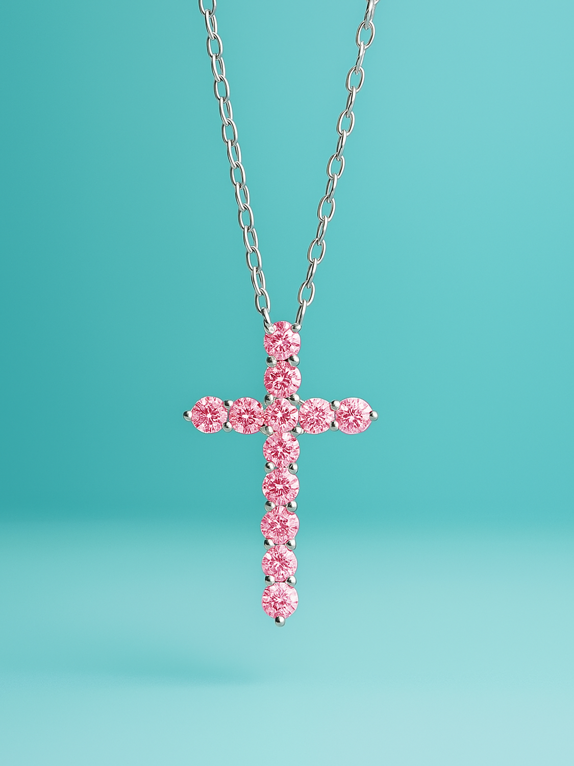Pink Round Cut Lab Diamond Cross Pendant Necklace