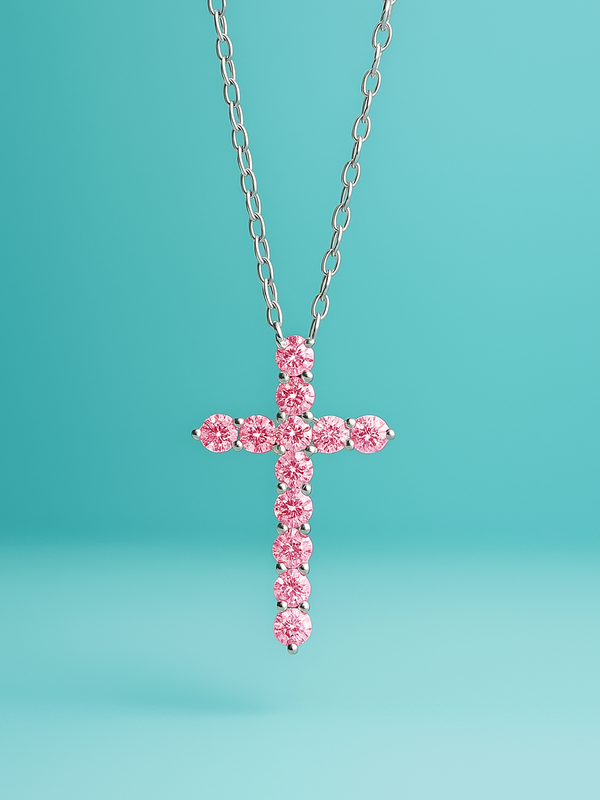 Pink Round Cut Lab Diamond Cross Pendant Necklace