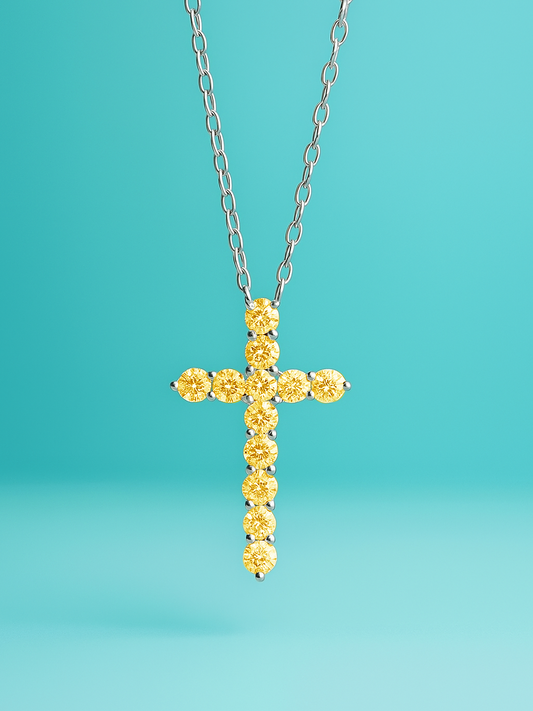 Yellow Round Cut Lab Diamond Cross Pendant Necklace
