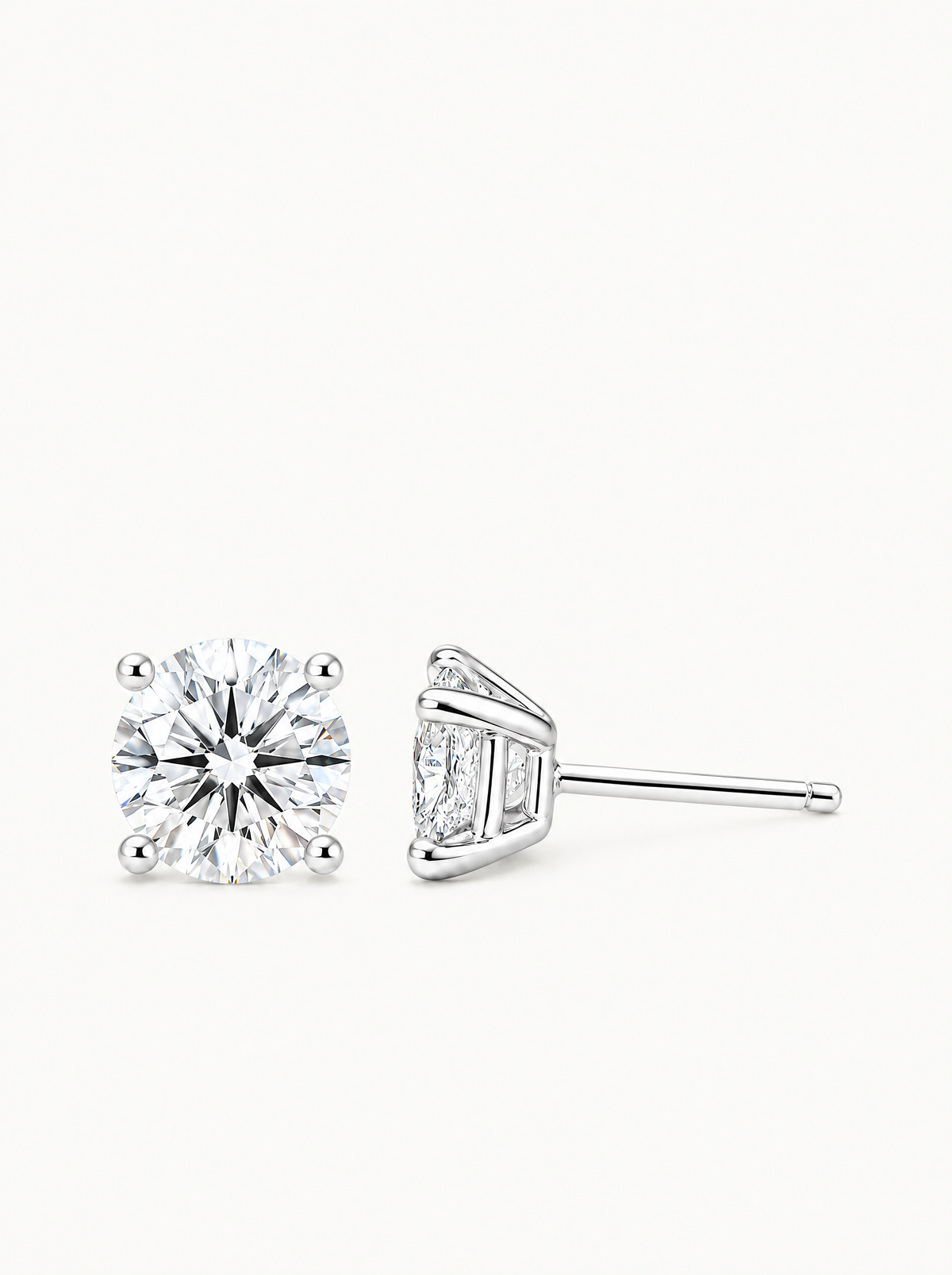 Round Cut 4-Prong Lab-Grown Diamond Stud Earrings in 14K white gold, front view — Bow Tie Lab Diamonds