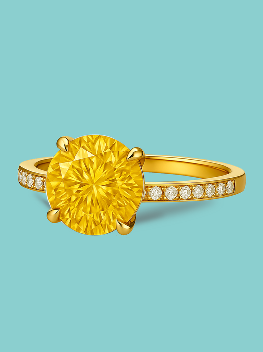 Round Cut Yellow Solitaire Ring with Pavé Band