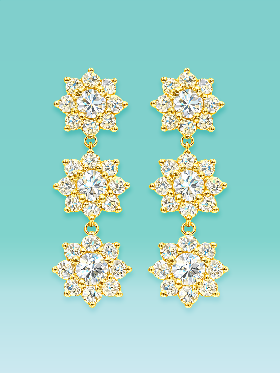 Triple Floral Cluster Lab Diamond Drop Earrings