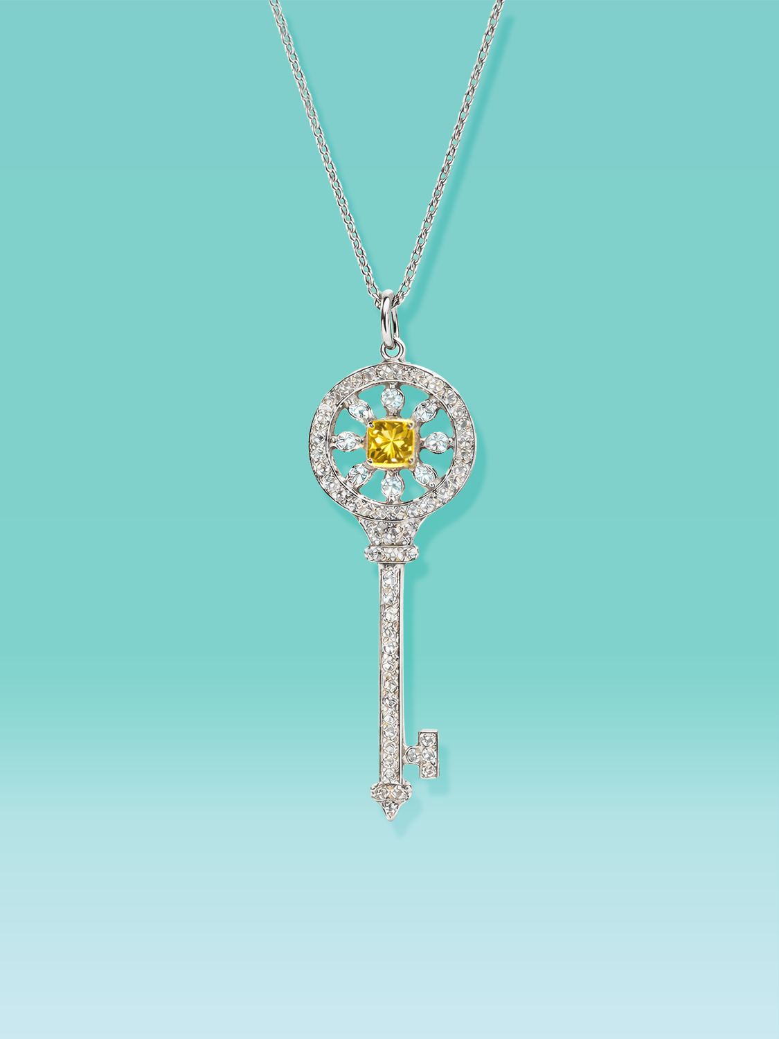 Yellow Bezel Lab Diamond Center Key Pendant Necklace