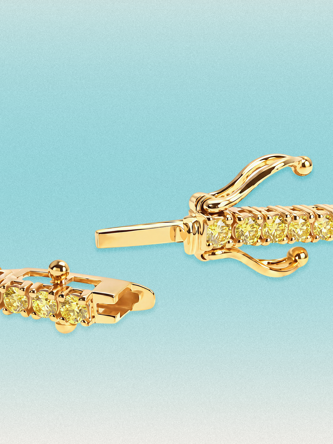 Clasp detail of a Bow Tie Lab Diamonds Fancy Yellow Round 4-Prong 7-inch lab-grown diamond tennis bracelet in 14K yellow gold.