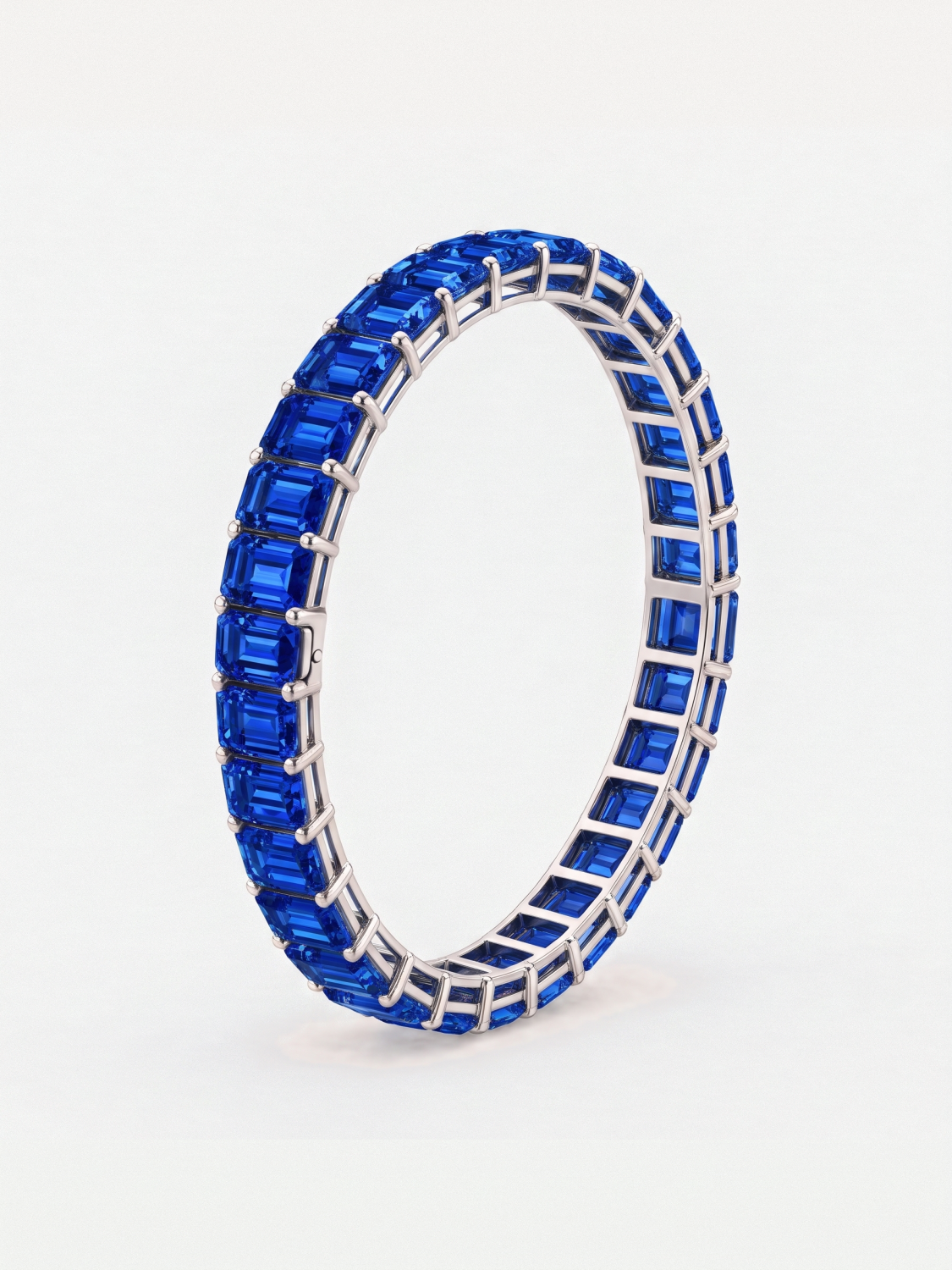 Rainbow Collection Emerald Cut Lab-Grown Sapphire Hinged Bangle Bracelet in 14K white gold — Bow Tie Lab Diamonds