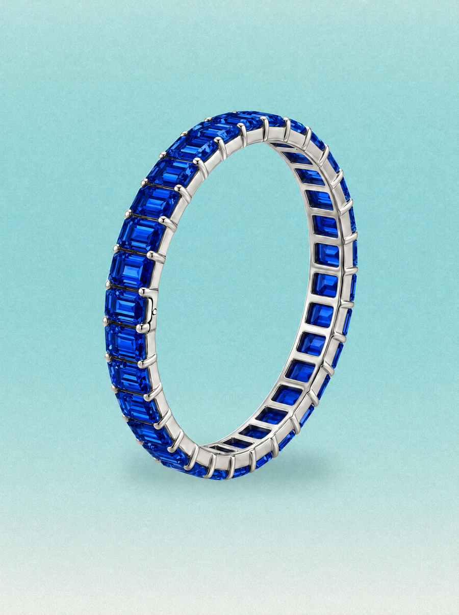 Rainbow Collection Blue Emerald Cut Lab Grown Sapphire Hinged Bangle Bracelet